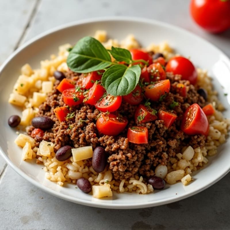 Lean Chili-Cumin Ground Beef with Sautéed Peppers and Onions