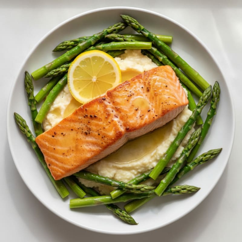 Seared Salmon with Steamed Asparagus and Cauliflower Mash