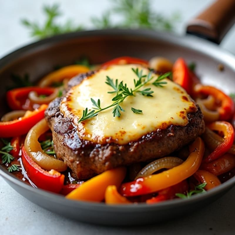 Lean Sirloin Steak Skillet with Sautéed Peppers, Onions, and Melty Provolone