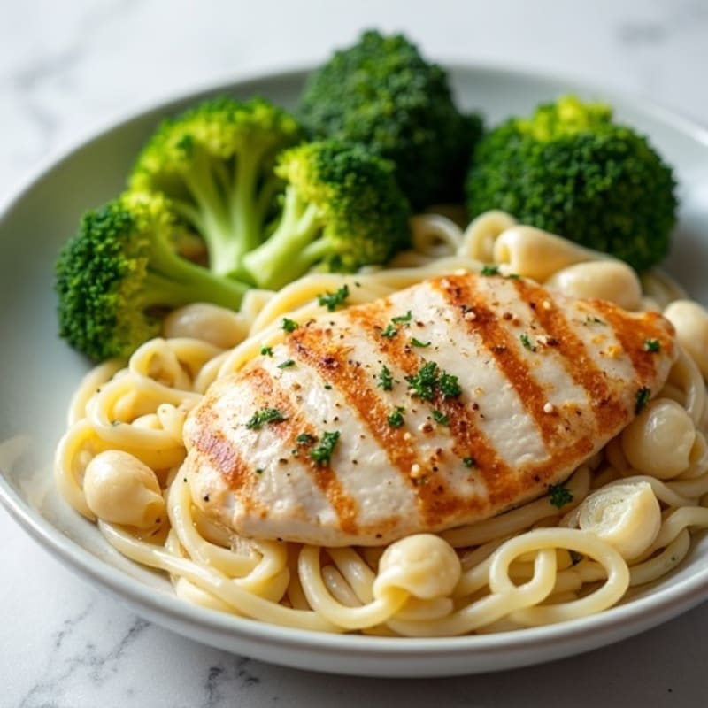 Healthy Creamy Chicken Alfredo with Roasted Broccoli