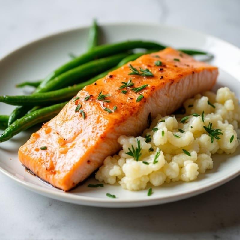 Seared Salmon with Steamed Green Beans and Garlic Mashed Cauliflower