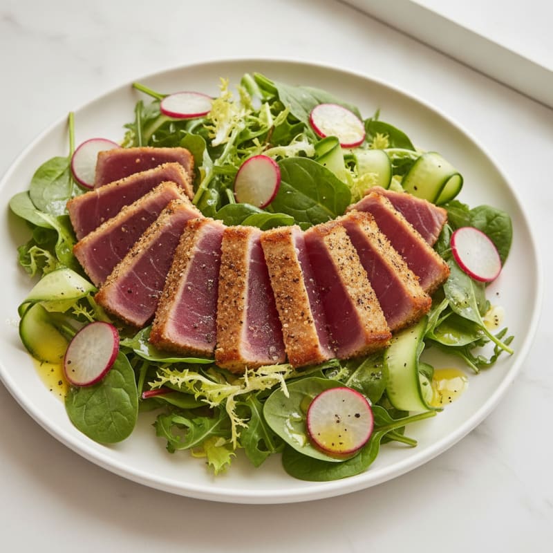 Seared Tuna Salad with Crisp Greens and Lemon Vinaigrette