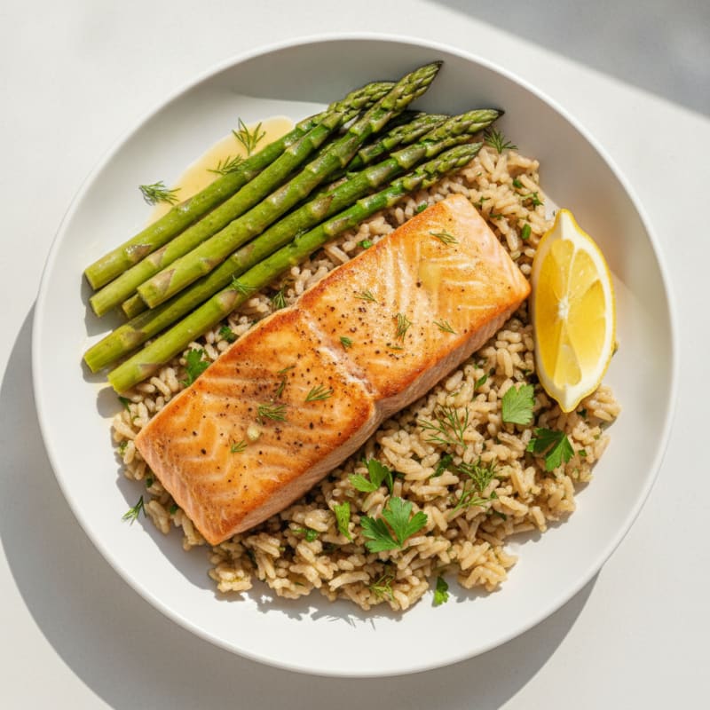 Seared Salmon with Steamed Asparagus and Herbed Brown Rice