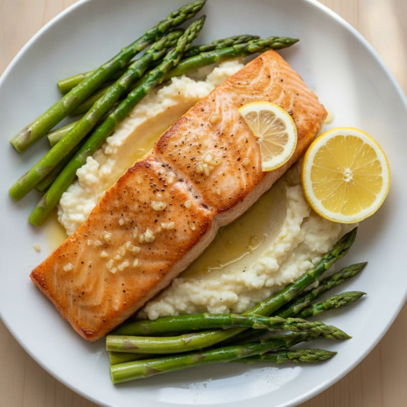 Seared Salmon with Steamed Asparagus and Cauliflower Mash