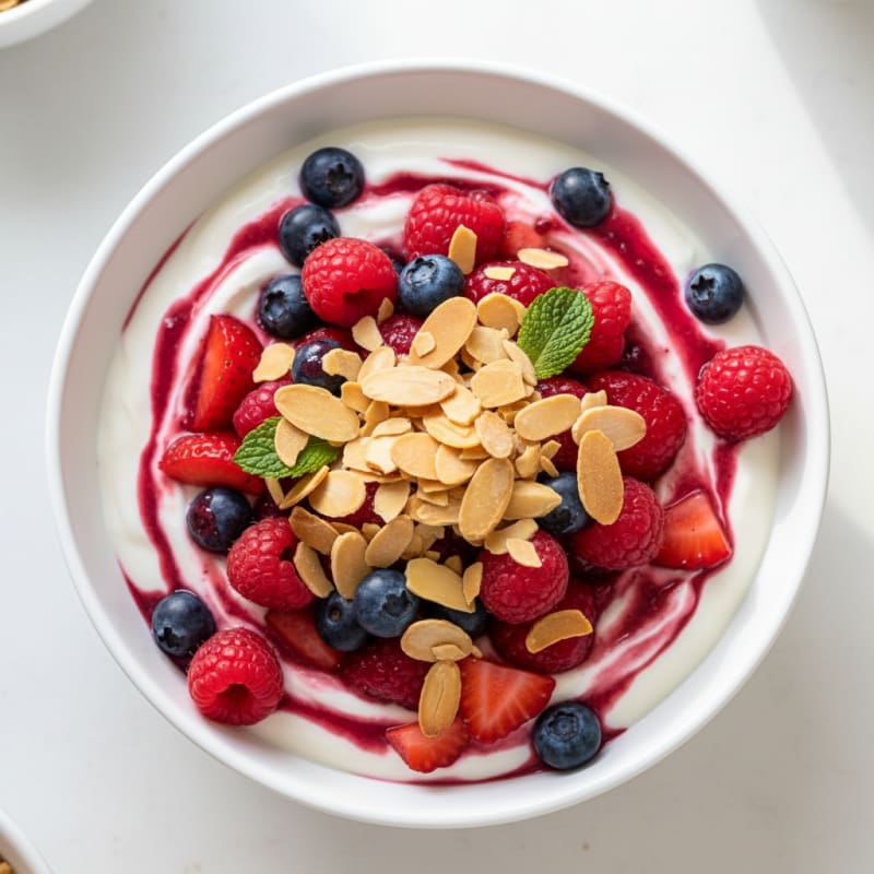 Greek Yogurt Protein Parfait with Mixed Berries and Almonds