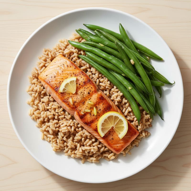 Seared Salmon Fillet with Steamed Green Beans and Brown Rice
