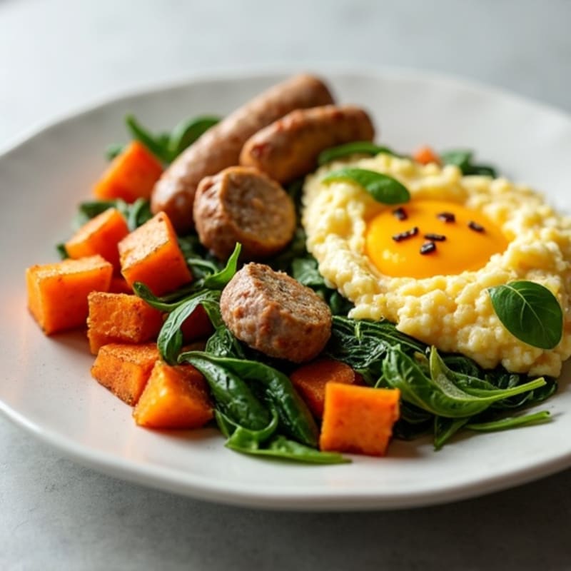 Egg White and Turkey Sausage Scramble with Spinach and Roasted Sweet Potatoes
