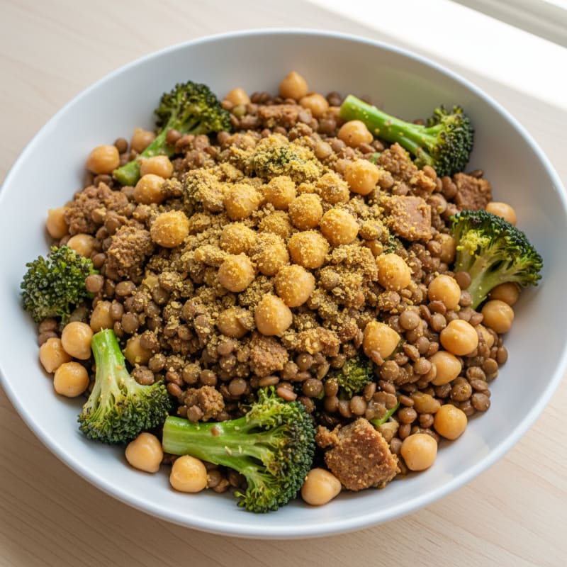 Lentil and Chickpea Protein Bowl with Steamed Broccoli