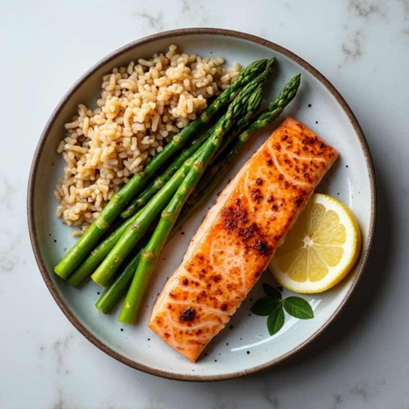 Seared Salmon Fillet with Steamed Asparagus and Brown Rice