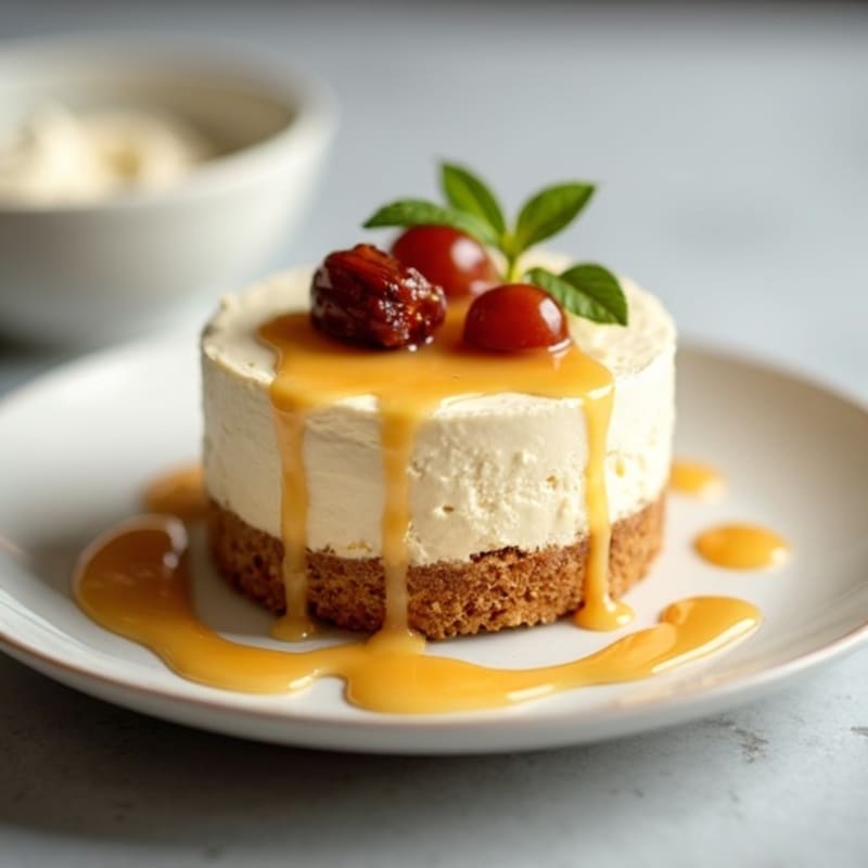 Greek Yogurt Vanilla Bean Cheesecake with Date Caramel Drizzle