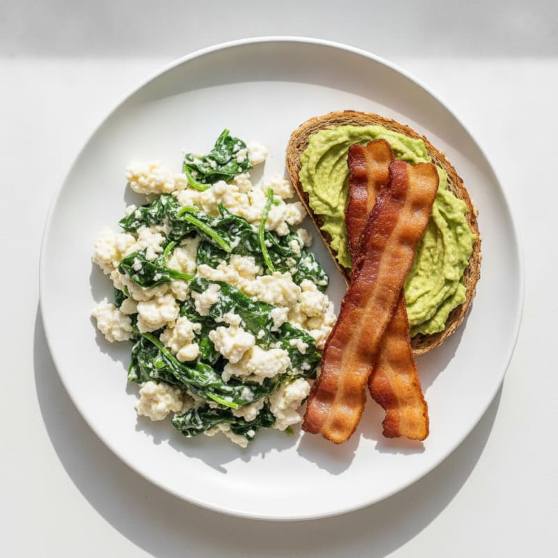 Egg White and Cottage Cheese Scramble with Spinach and Turkey Bacon