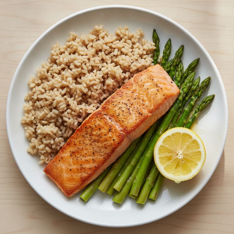 Seared Salmon with Steamed Asparagus and Brown Rice