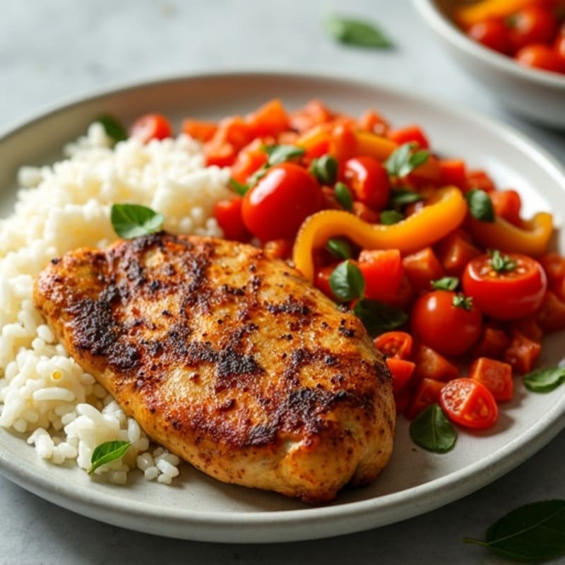 Pan-Seared Cumin Chicken with Savory Tomato Rice and Fresh Bell Peppers