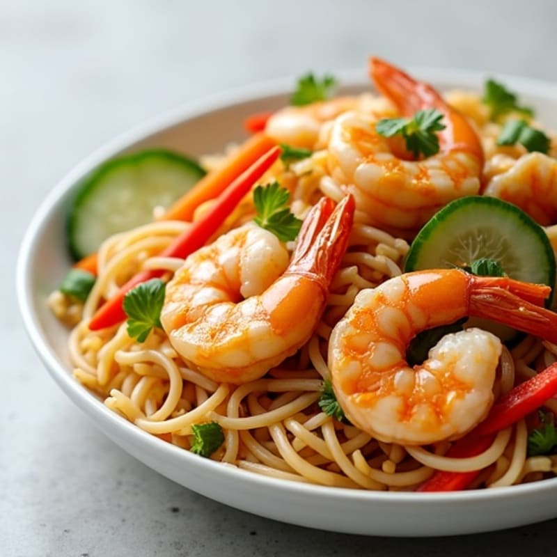 Shrimp with Tamarind Peanut Rice Noodles and Crisp Vegetables