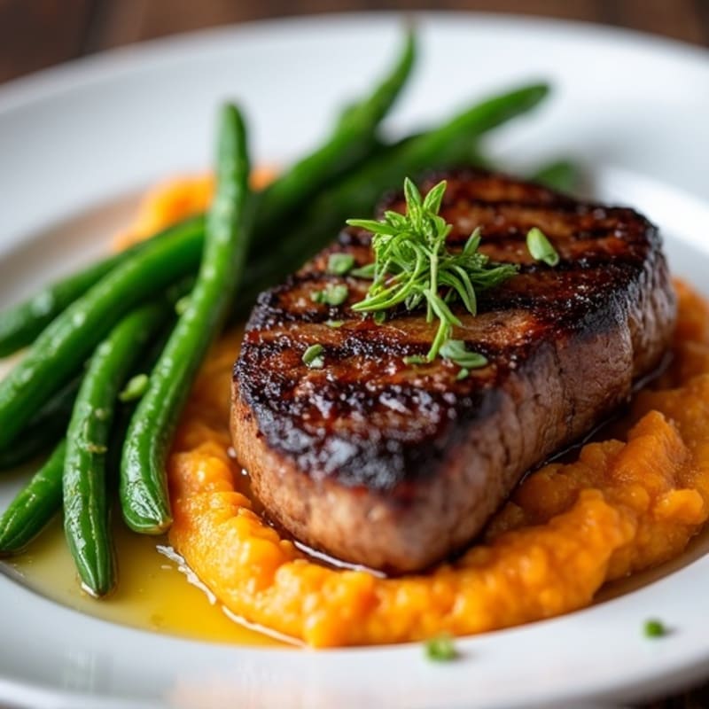 Seared Venison Steak with Garlic Green Beans and Sweet Potato Mash