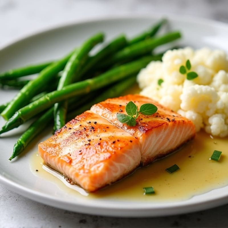 Seared Salmon with Steamed Green Beans and Garlic Mashed Cauliflower