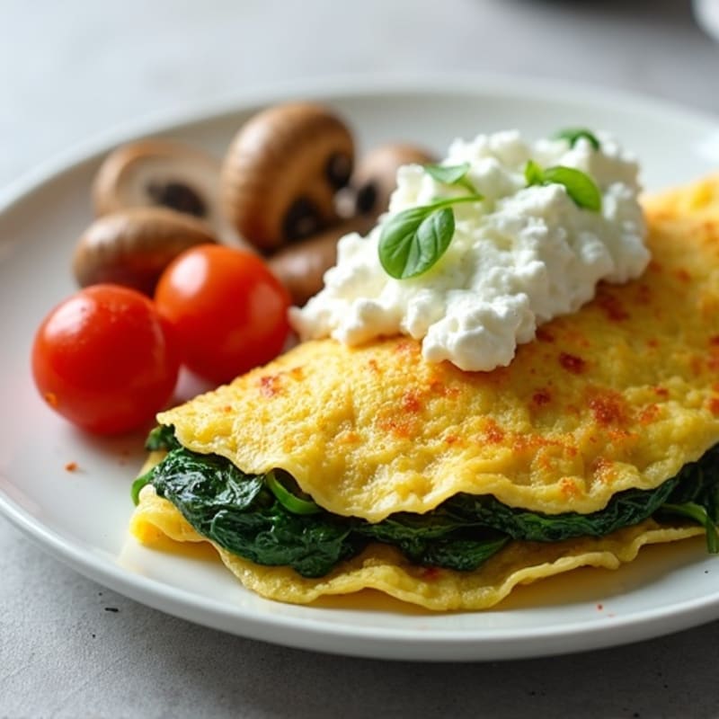 Egg White Spinach Omelette with Cottage Cheese and Sautéed Mushrooms
