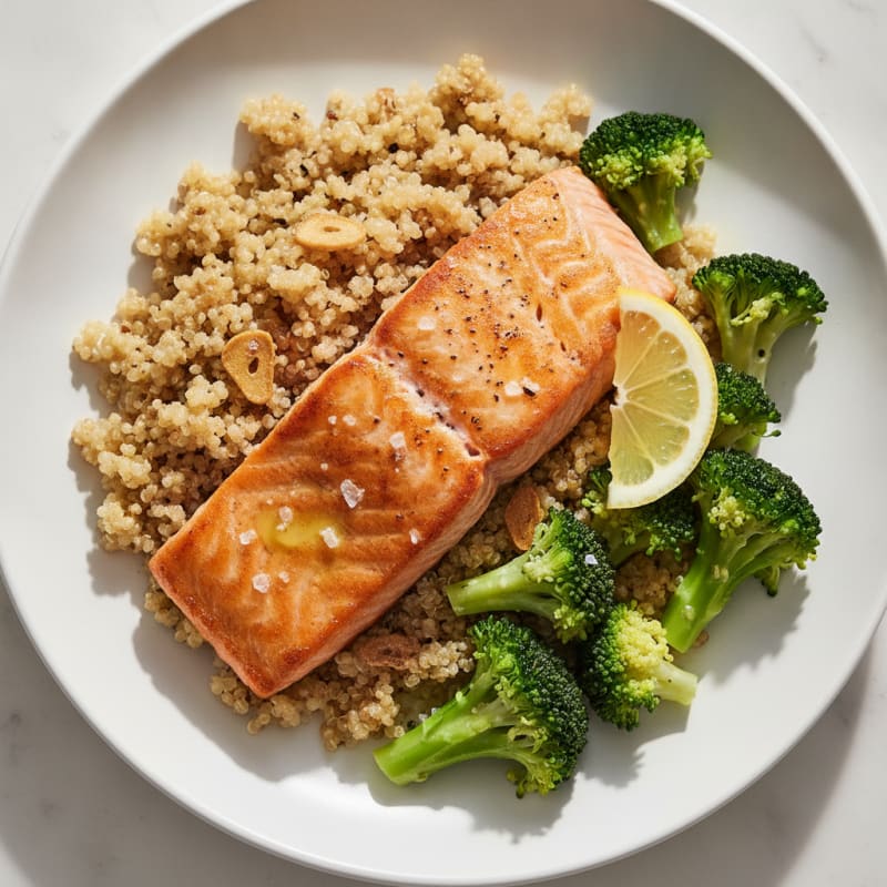 Seared Salmon Fillet with Garlic Quinoa and Steamed Broccoli
