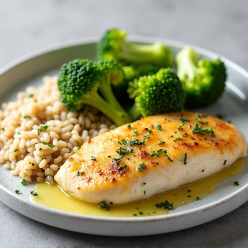 Lemon Herb Chicken Breast with Steamed Broccoli and Brown Rice