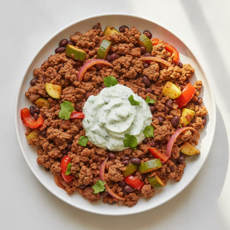 Lean Beef and Vegetable Skillet with Cilantro-Lime Yogurt