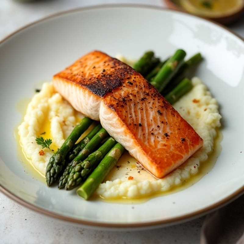 Seared Salmon with Steamed Asparagus and Cauliflower Mash