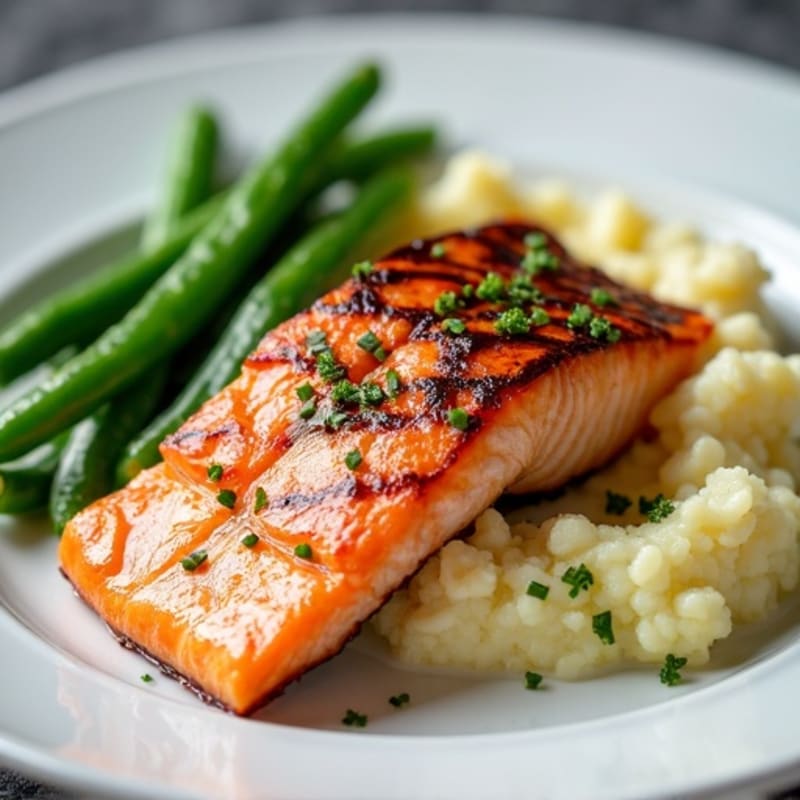 Seared Salmon with Garlic Green Beans and Cauliflower Mash