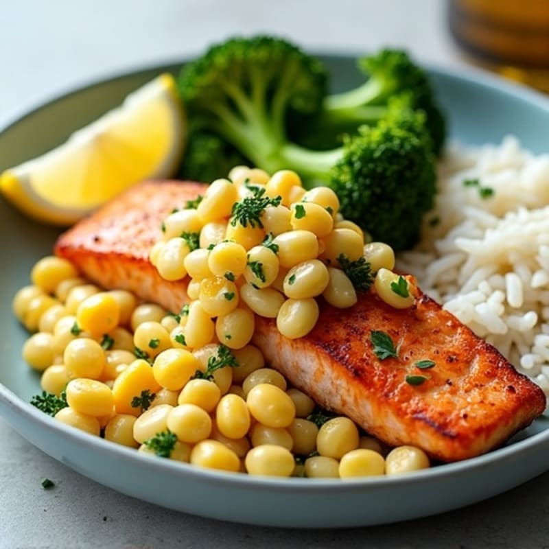 Pan-Seared Salmon with Creamy Skillet Corn, Roasted Broccoli, and Fluffy Rice
