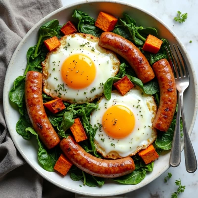 Sheet Pan Baked Eggs with Crispy Sweet Potatoes and Greens