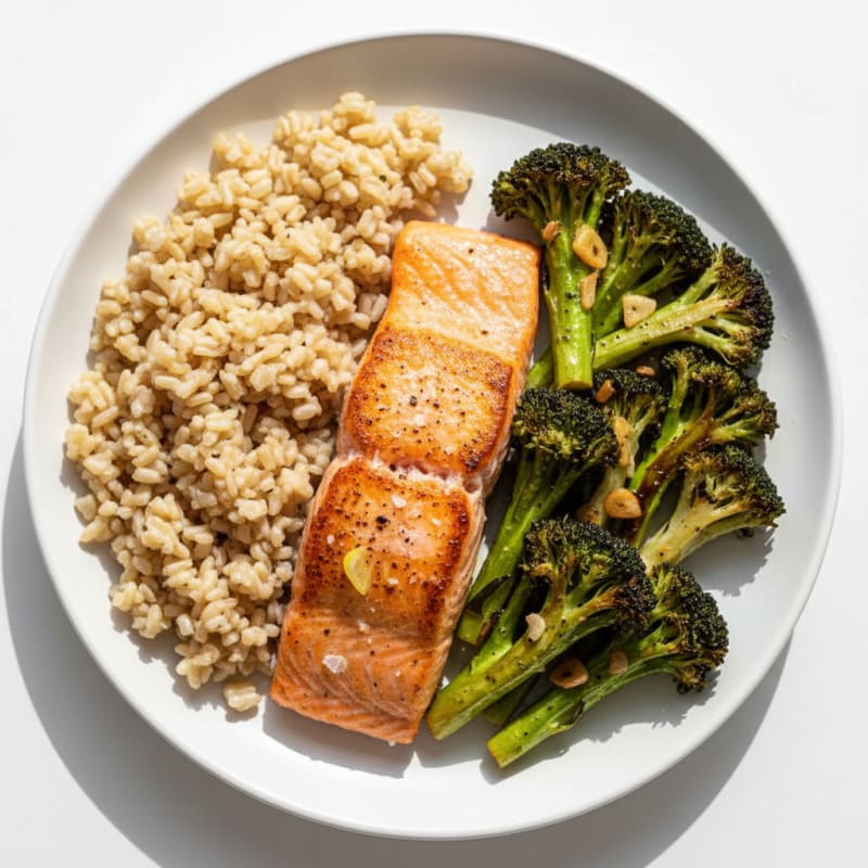 Seared Salmon Fillet with Garlic Roasted Broccoli and Brown Rice