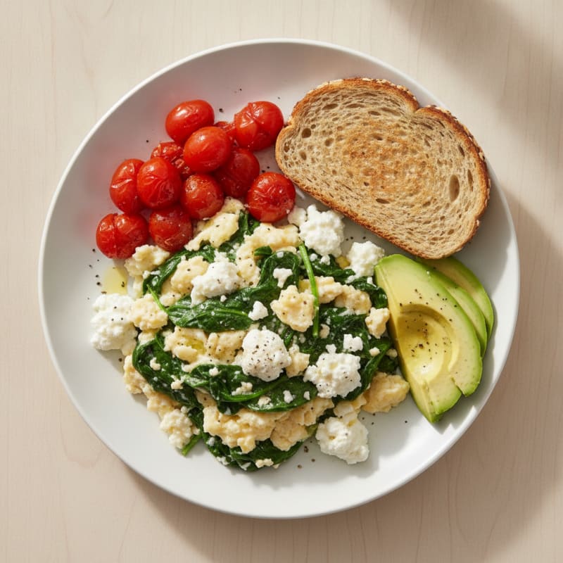 Egg White and Spinach Scramble with Cottage Cheese and Cherry Tomatoes