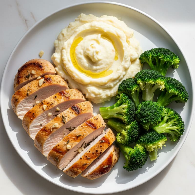 Seared Turkey Breast with Steamed Broccoli and Mashed Cauliflower
