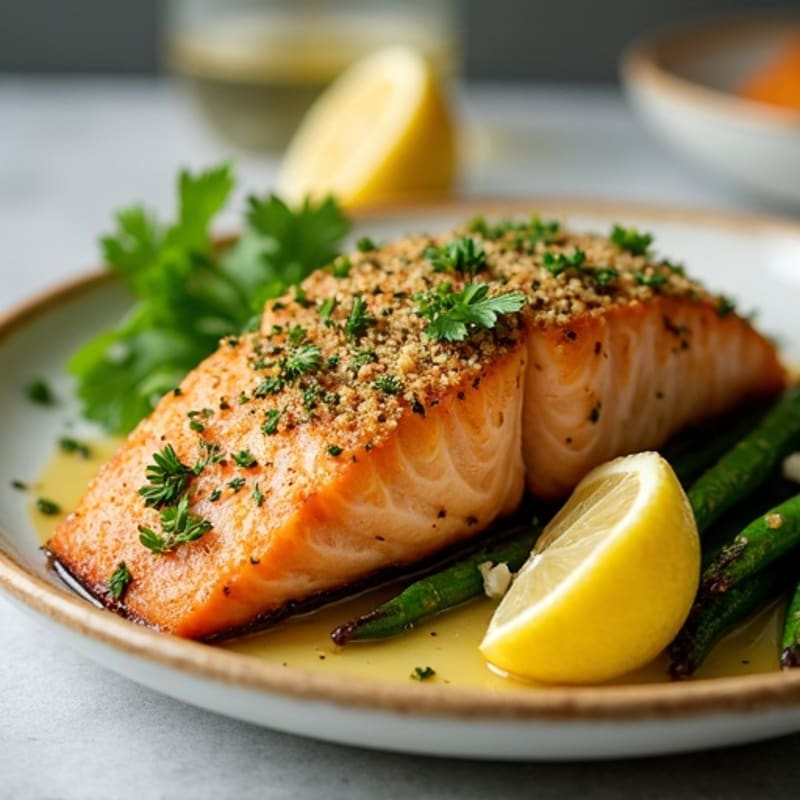 Herb-Crusted Baked Salmon with Lemon Garlic Sauce