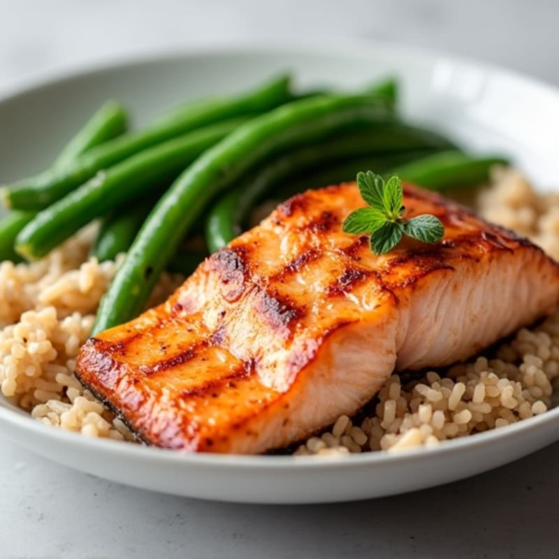 Seared Salmon Filet with Steamed Green Beans and Brown Rice