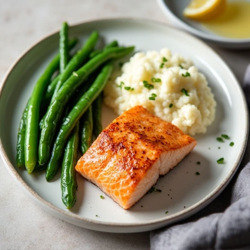 Seared Salmon with Garlic Green Beans and Cauliflower Mash