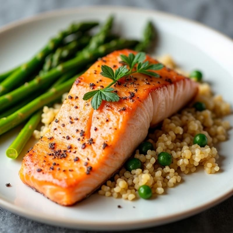 Seared Salmon with Garlicky Quinoa and Sautéed Asparagus