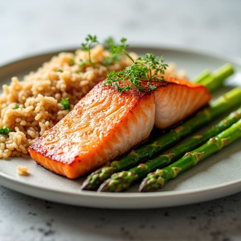 Seared Salmon with Steamed Asparagus and Brown Rice