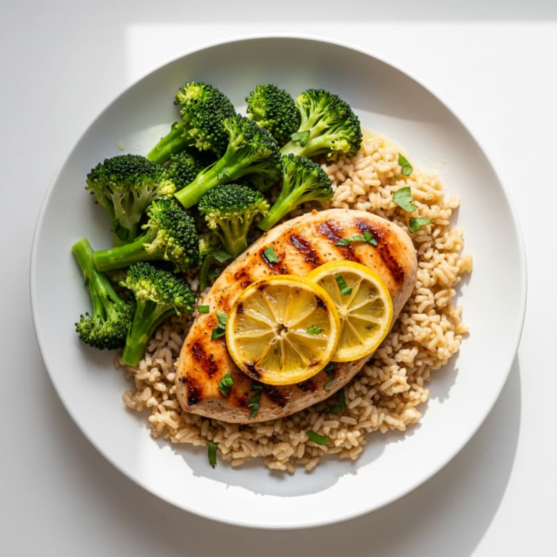 Grilled Chicken Breast with Brown Rice and Steamed Broccoli