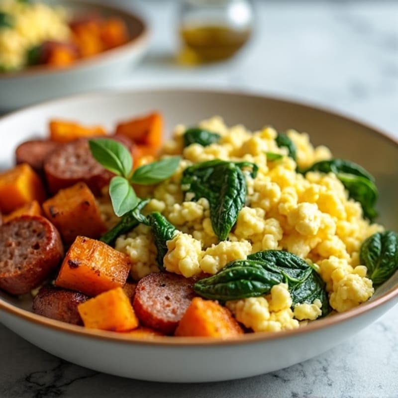 Egg White Spinach Scramble with Turkey Sausage and Roasted Sweet Potatoes