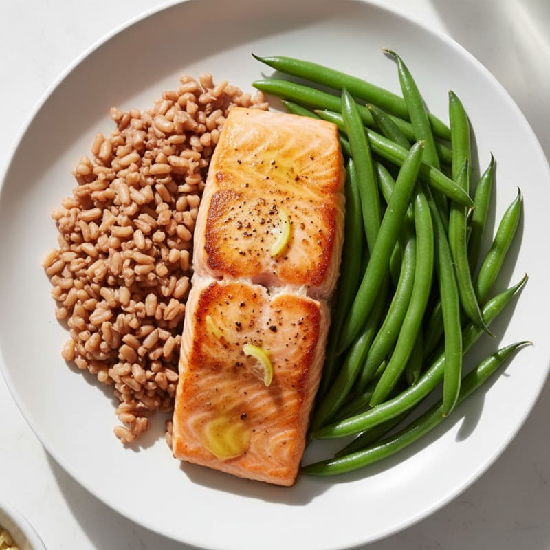 Seared Salmon Fillet with Steamed Green Beans and Brown Rice