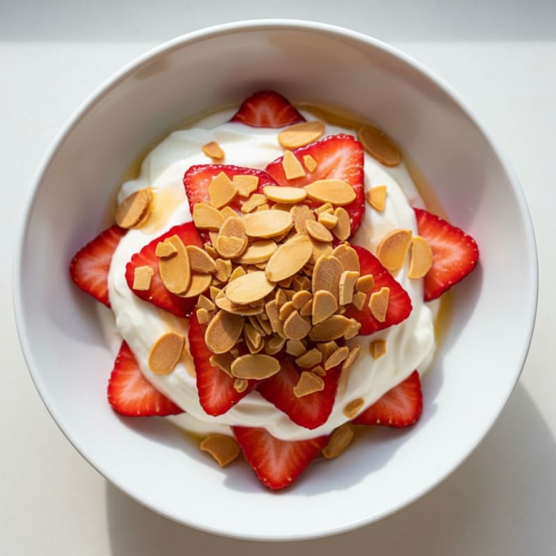 Greek Yogurt Parfait with Sliced Strawberries and Toasted Almonds