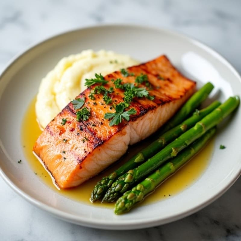 Seared Salmon Fillet with Steamed Asparagus and Cauliflower Mash