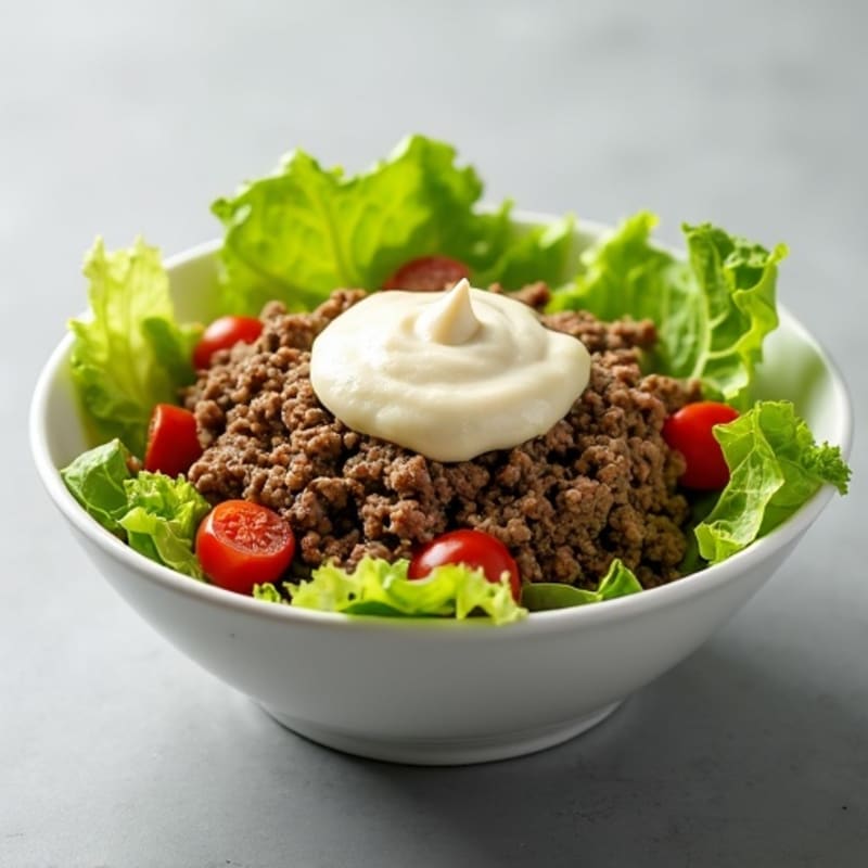 Lean Ground Beef Bowl with Crisp Lettuce, Dill Pickles, and Creamy Special Sauce