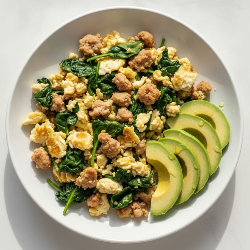 Egg White Scramble with Turkey Sausage and Sautéed Spinach