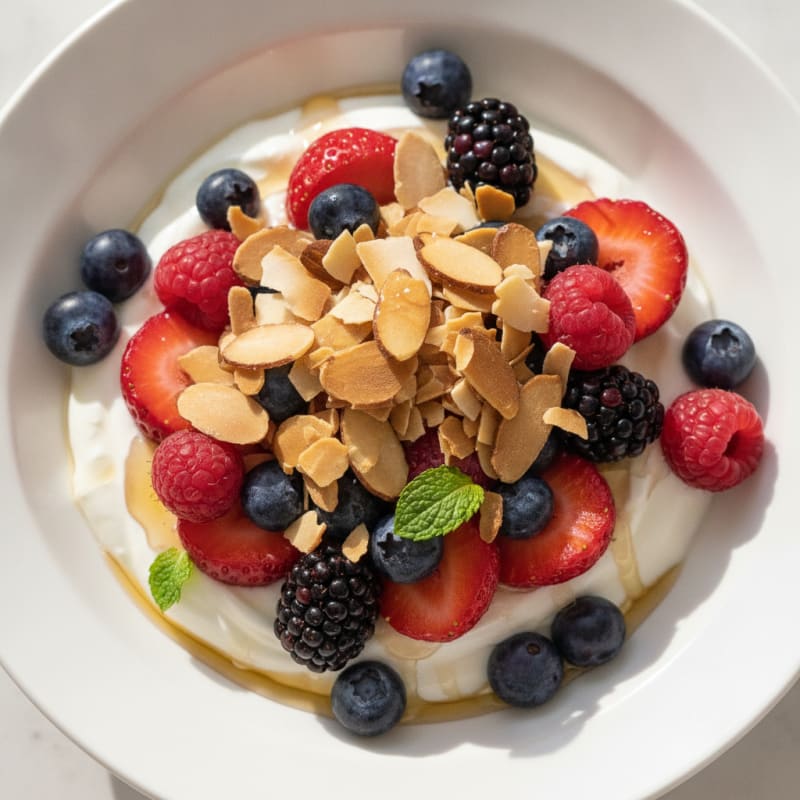 Greek Yogurt Parfait with Mixed Berries and Almond Crunch
