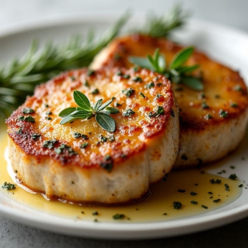 Herb-Crusted Pan Seared Pork Chops with Roasted Garlic