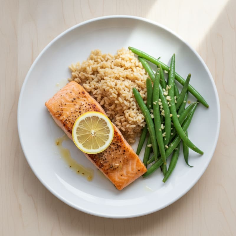 Seared Salmon with Garlic Green Beans and Brown Rice