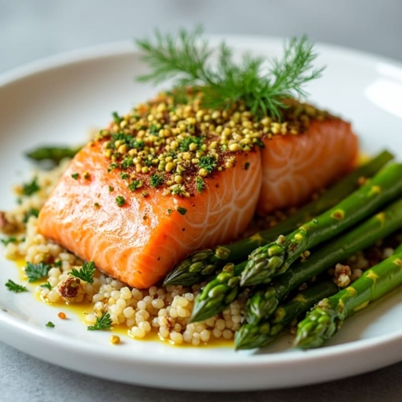 Pistachio-Crusted Salmon with Roasted Asparagus and Lemon-Herb Quinoa