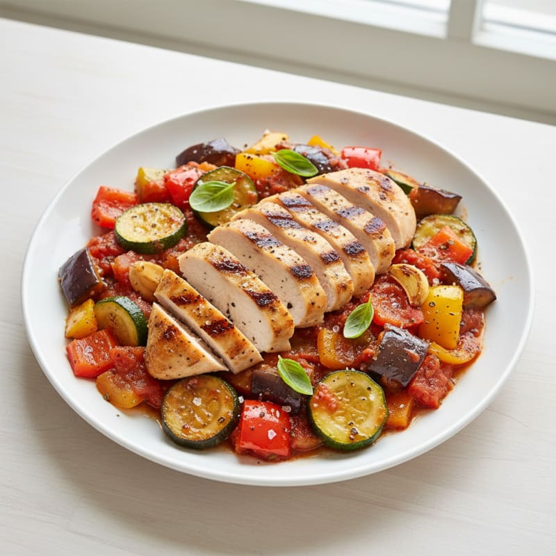 Roasted Vegetable Provencal Ratatouille with Herb-Grilled Chicken