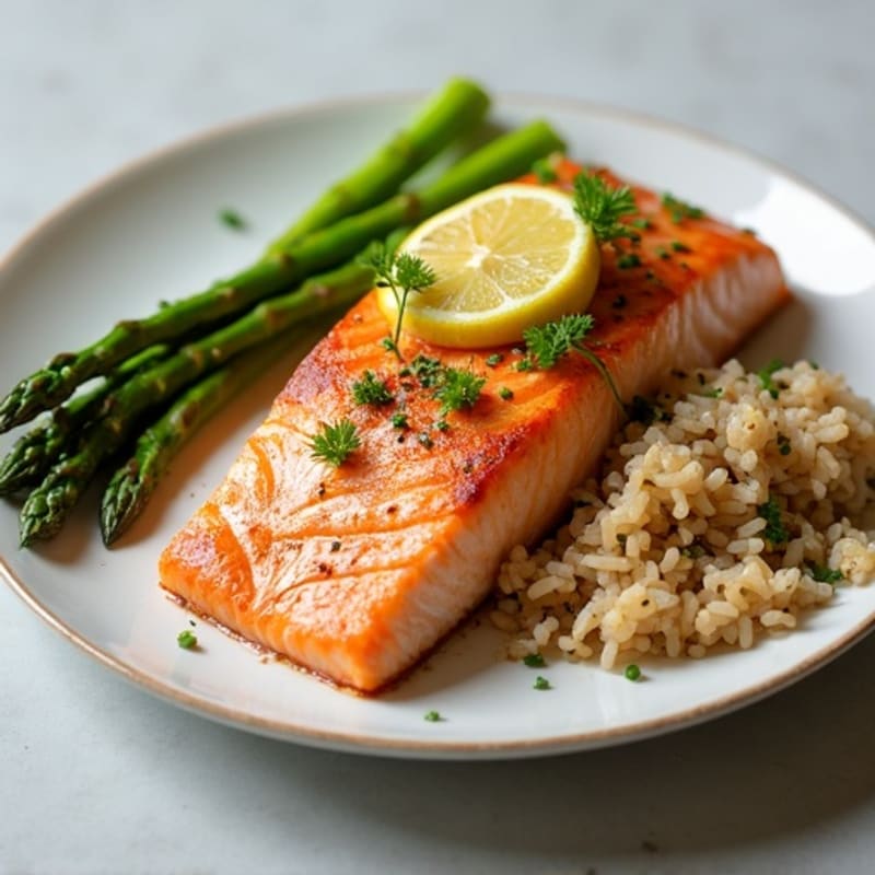 Seared Salmon Fillet with Steamed Asparagus and Brown Rice