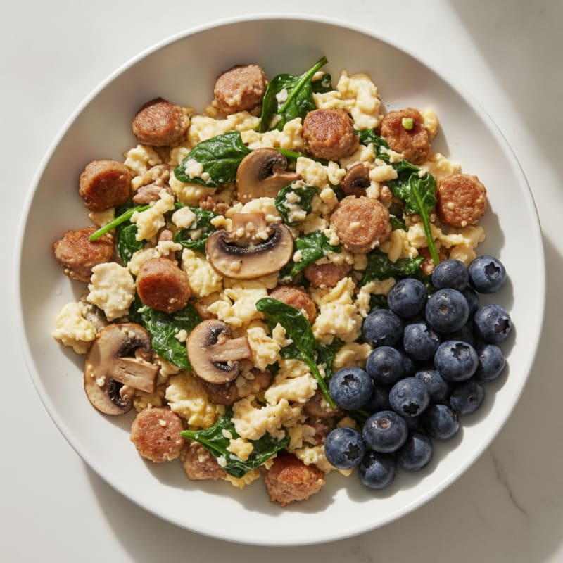 Egg White Spinach Scramble with Turkey Sausage and Sautéed Mushrooms